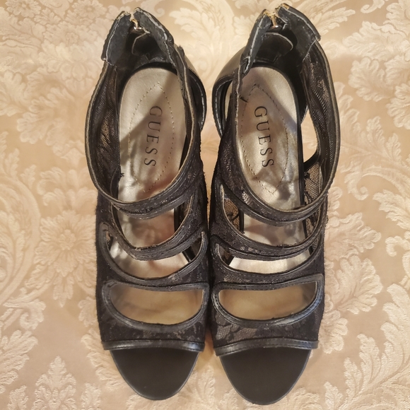 Black Lace Guess Cut Out Zip Heel Peep Toe Sandals Pumps - Picture 3 of 12